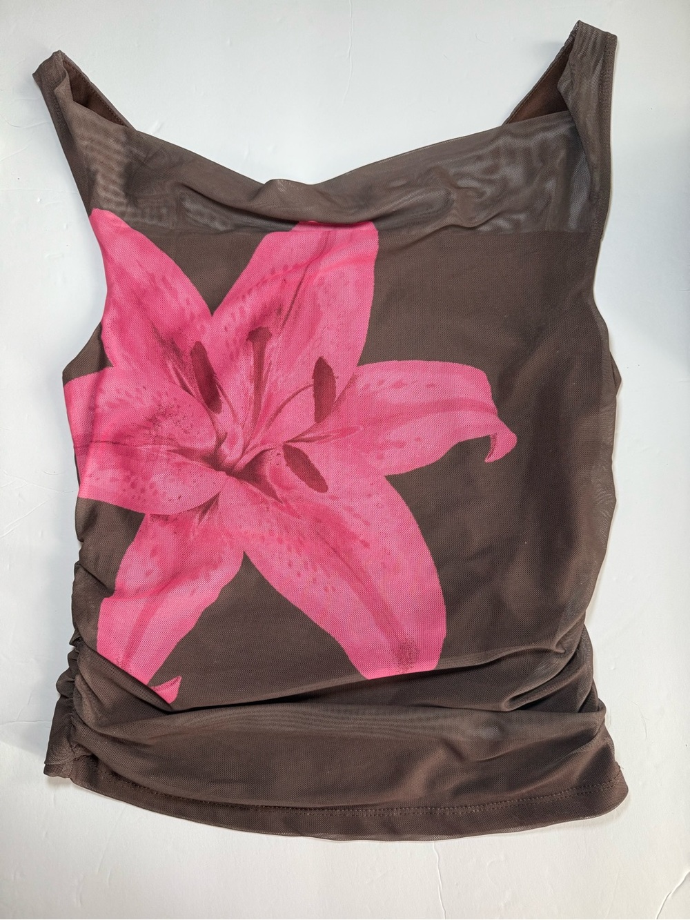 Pink Rose Brown Mesh Floral Ruched Top - Size S - Y2K Fairy Grunge - NWT